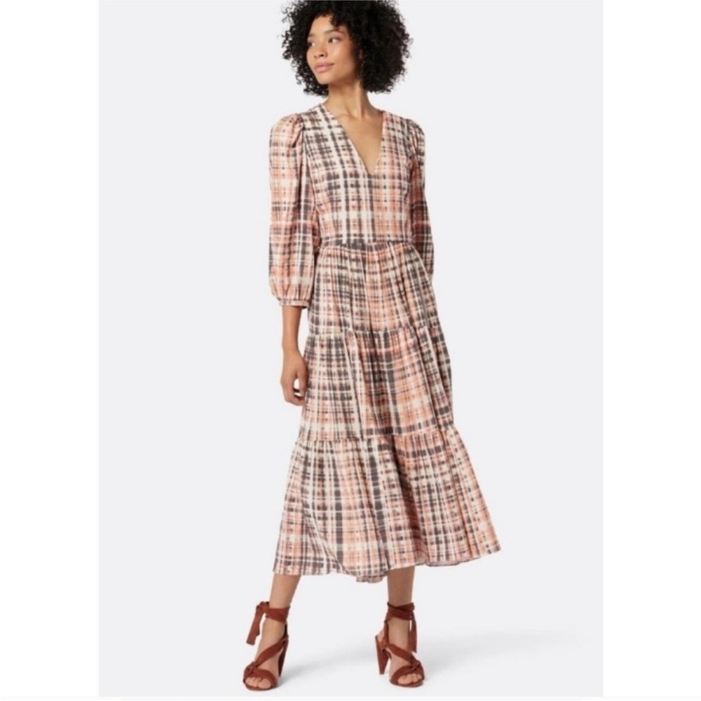 Joie Tobey Midi Maxi Plaid Tiered Midi Dress in Blush & Black